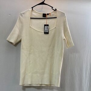 Boss HUGO Holy Ailee knit Cream Short Sleeve Ribbed square neck sweater XXL